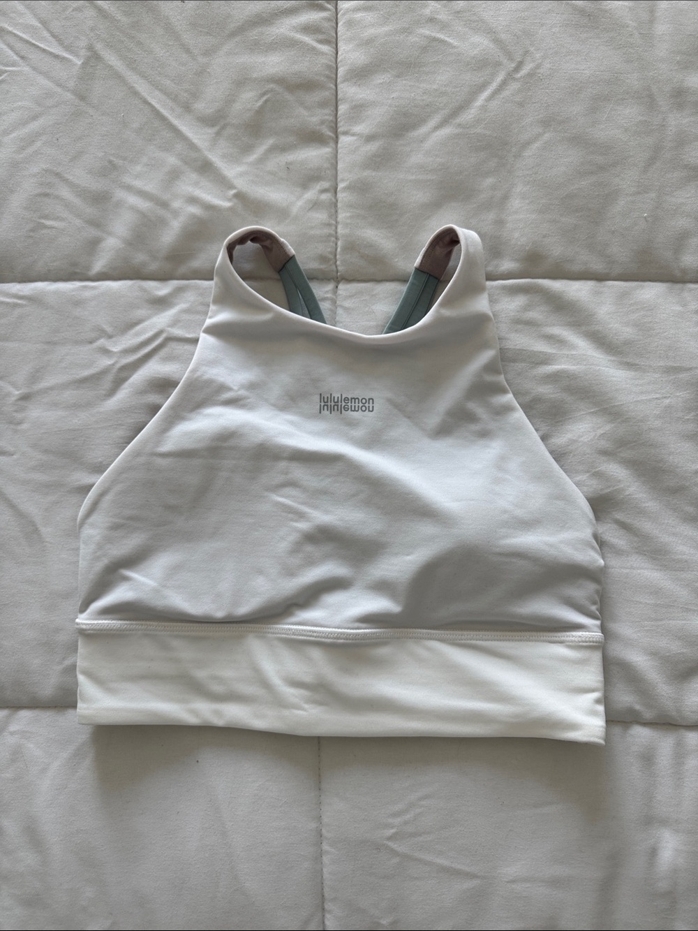 lululemon White and Taupe Cross-Back Sports Bra with Mint Straps